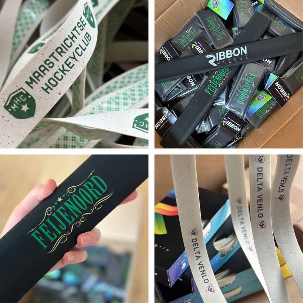 Custom hockeygrips van RIBBON met logo's van hockeyclubs Maastricht Feijenoord en Delta Venlo